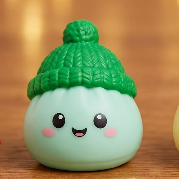 Mintgrön dumplingfigur med grön stickad mössa