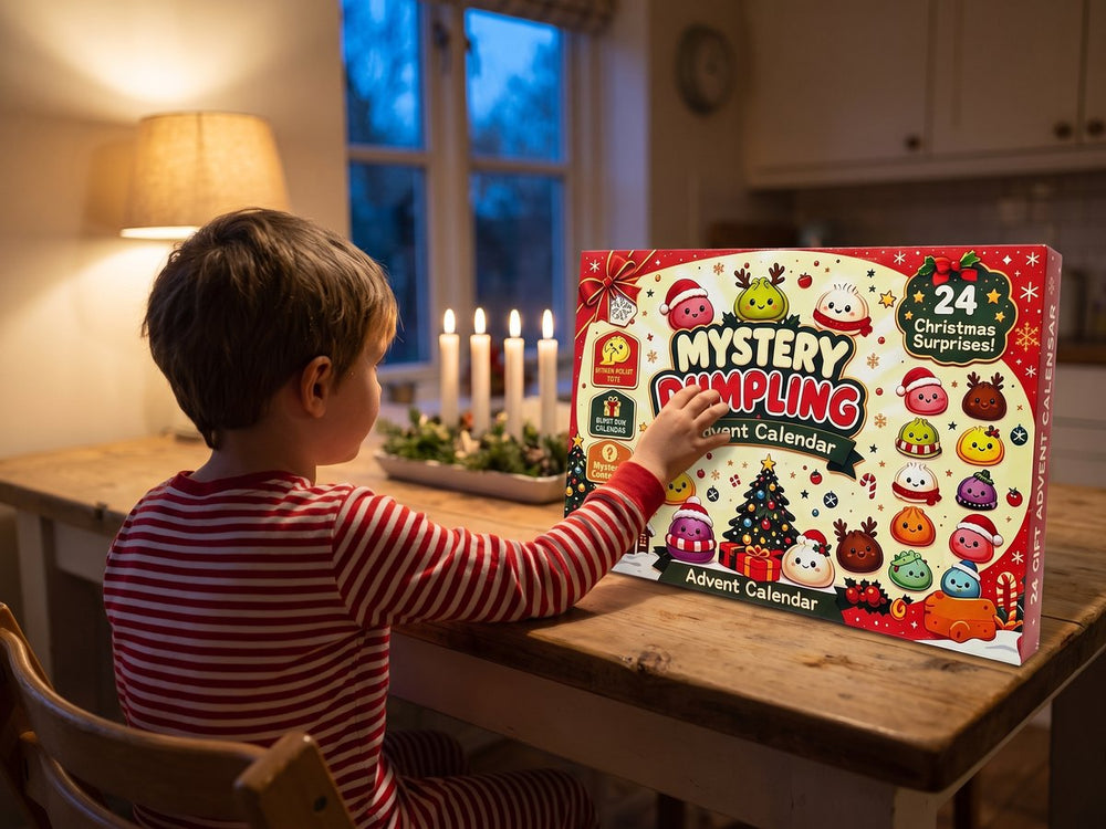 Ett barn i randig pyjamas sträcker sig mot Dumplingkalendern på köksbordet en mörk decembermorgon