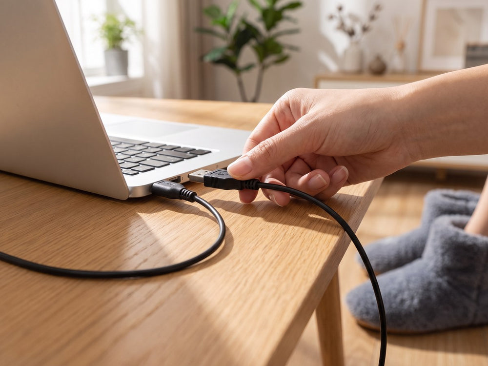 En hand kopplar in USB-kabeln i en bärbar dator på ett skrivbord, grå Värmetofflor på golvet